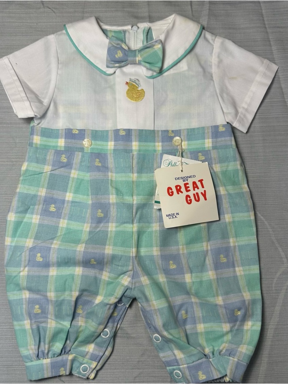 Vintage Polly Flinders Baby Romper Plaid Duck Bow Tie Shortall 6/9 NWT